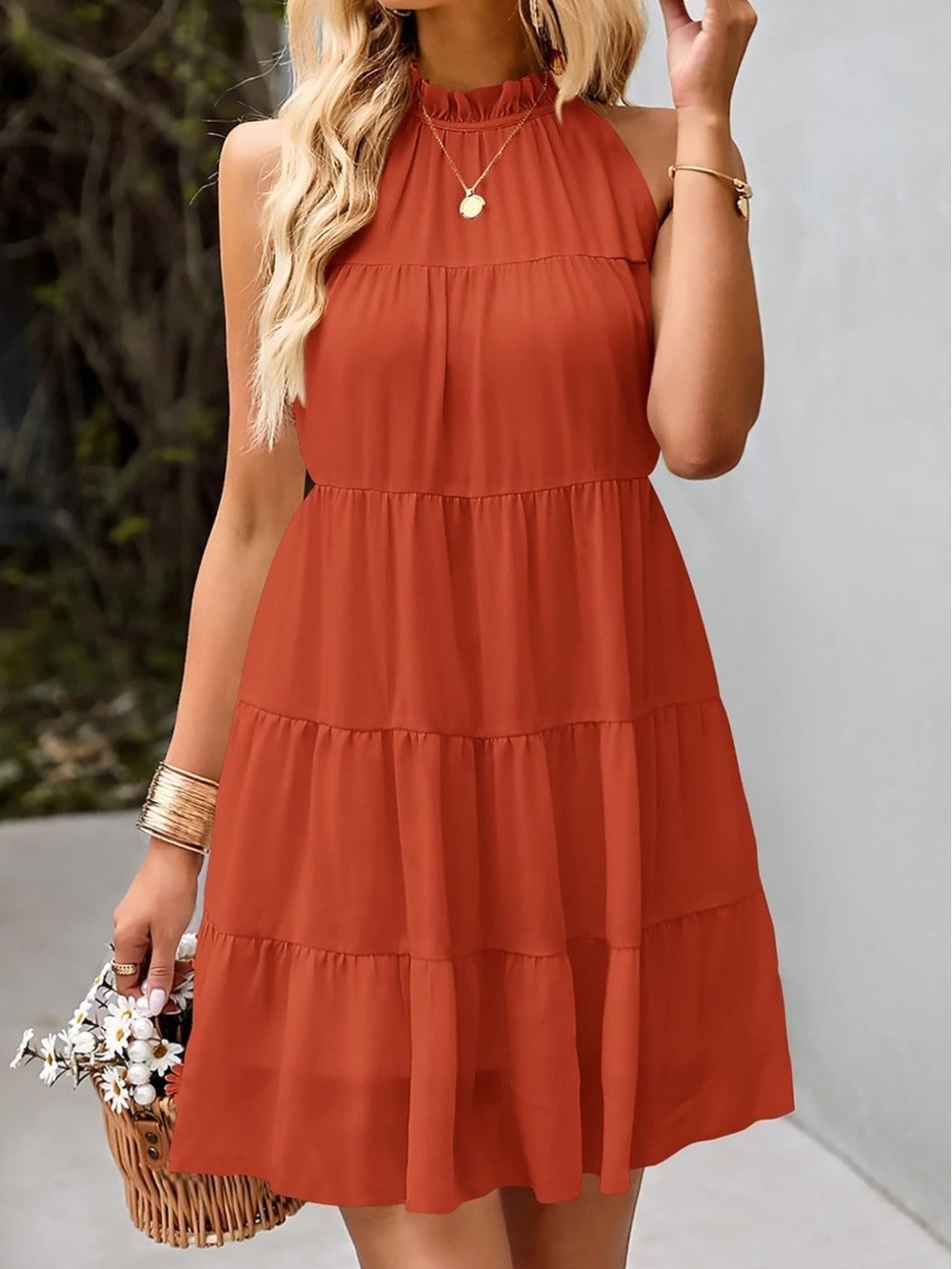 Tiered Halter Dress in Rust